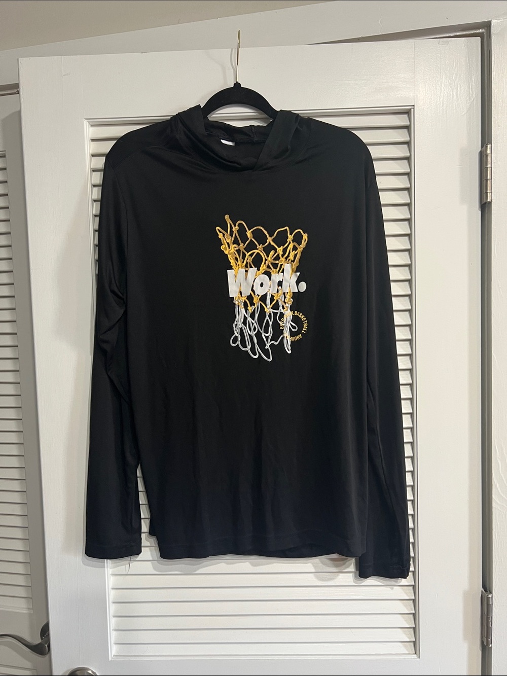 Black Hooded Long Sleeve Shirt with Yellow & White Basketball Net Graphic